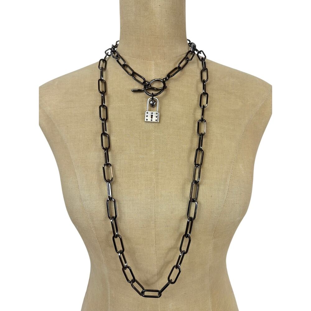 LOT of 2 NEW Artisan Necklaces - Gunmetal Oval Chain & Key & Padlock Choker Set